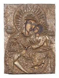 Three Russian Brass Oklad Mother and Child Icons