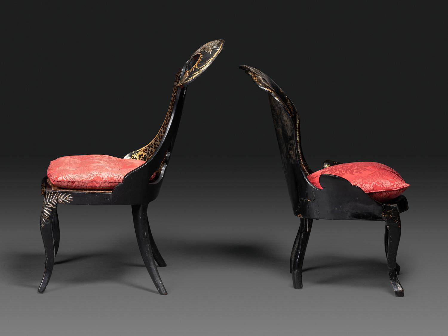 Two Victorian Black Lacquered Parcel-Gilt and Mother-of-Pearl Inlaid Cane Upholstered Slipper Chairs