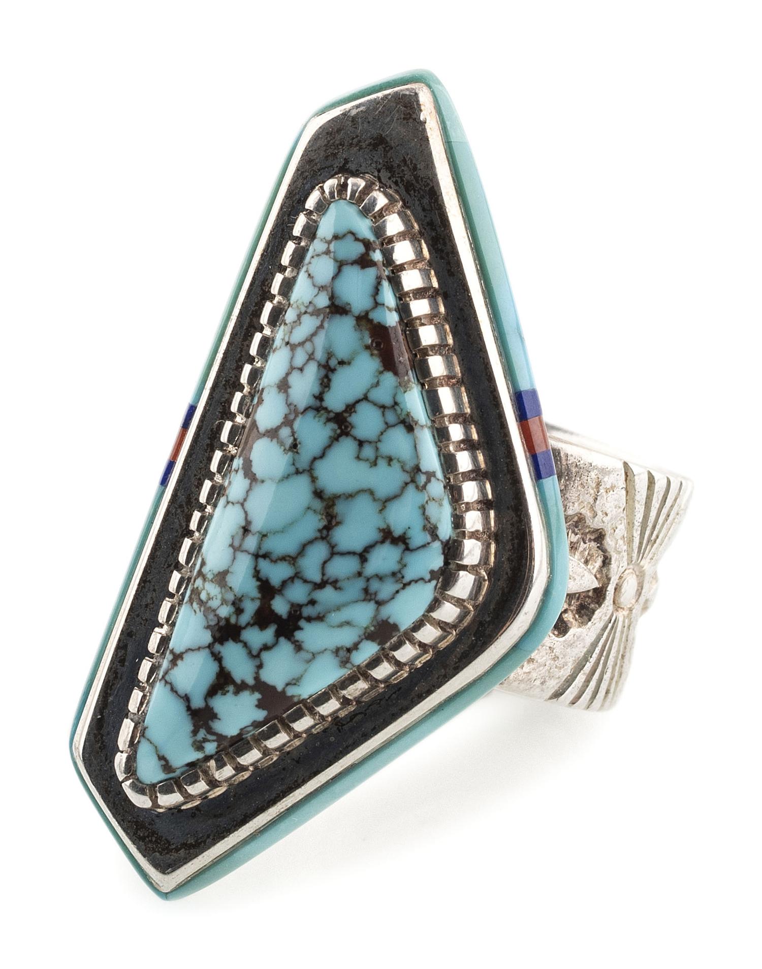 Sterling Silver and #8 Turquoise Ring, with Mosaic Inlay Bezel
