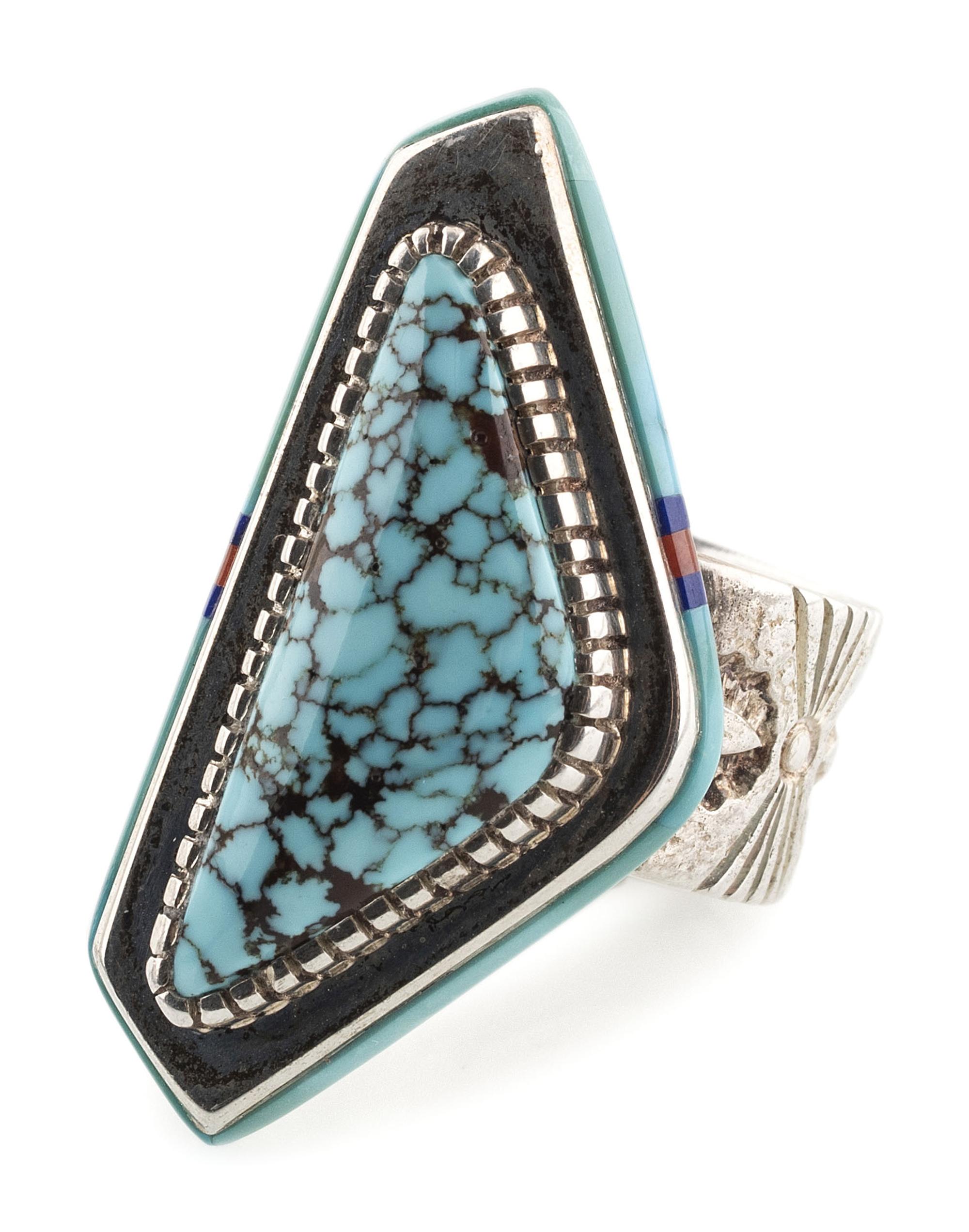 Sterling Silver and #8 Turquoise Ring, with Mosaic Inlay Bezel