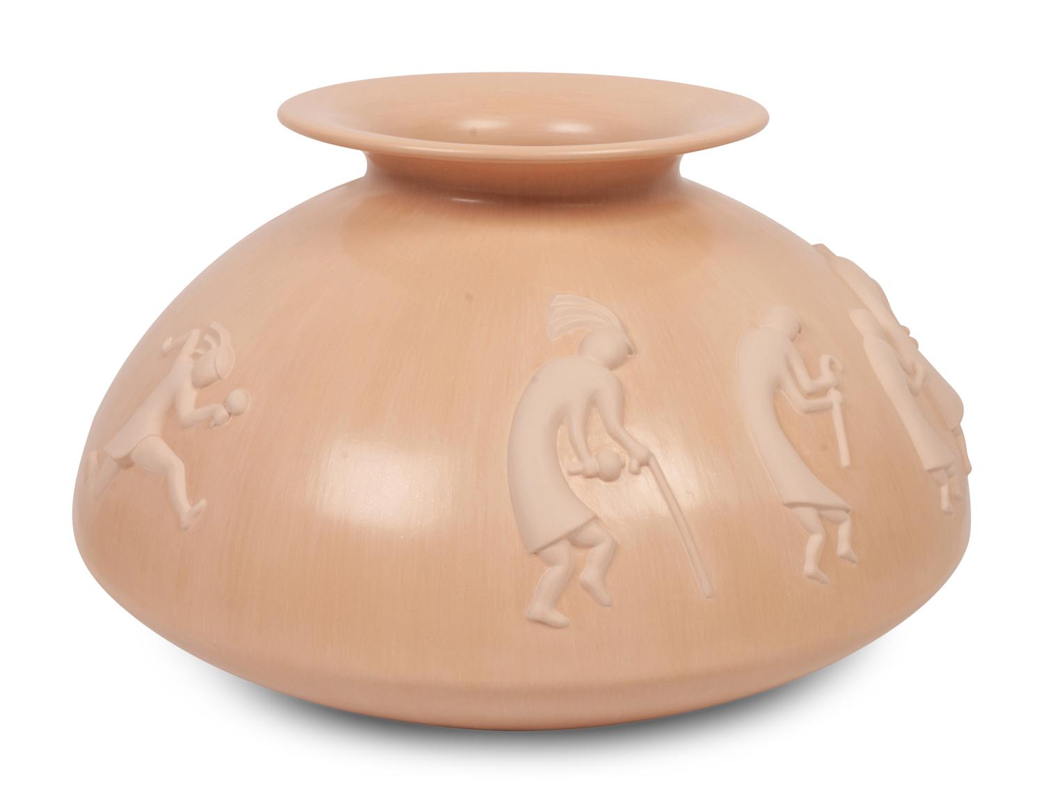 Large Buffware Pottery Jar, With Relief Carved Dancing Figures