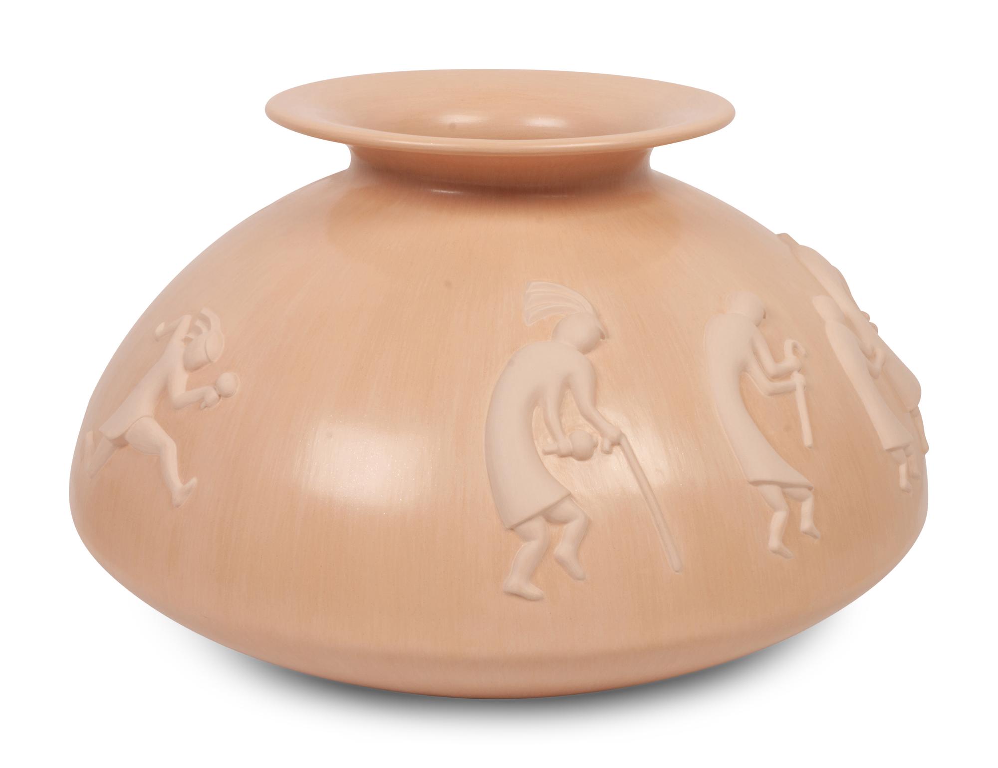Large Buffware Pottery Jar, With Relief Carved Dancing Figures