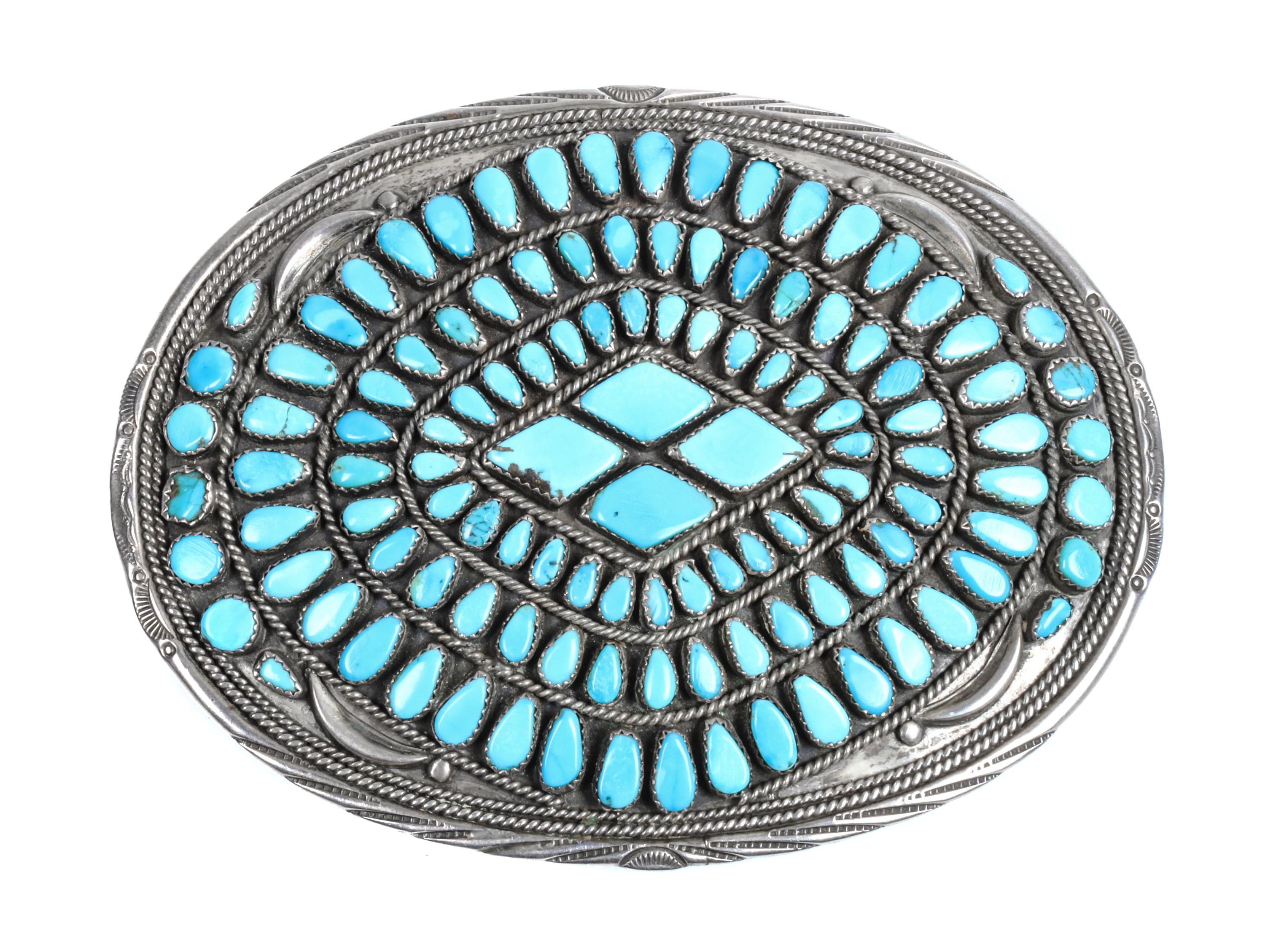 Large Navajo Silver and Turquoise Belt Buckle Height 3 3/4 x width 5 inches