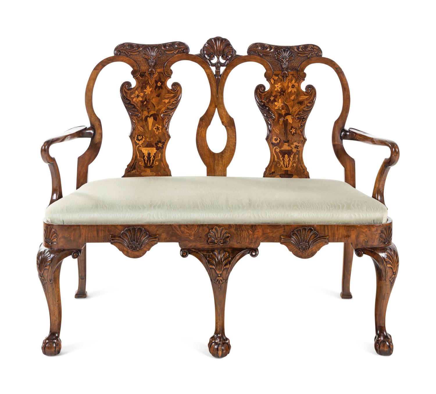 A George II Style Carved Walnut and Marquetry Double-Back Settee