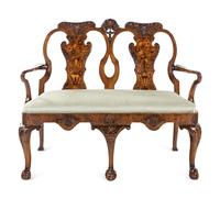 A George II Style Carved Walnut and Marquetry Double-Back Settee