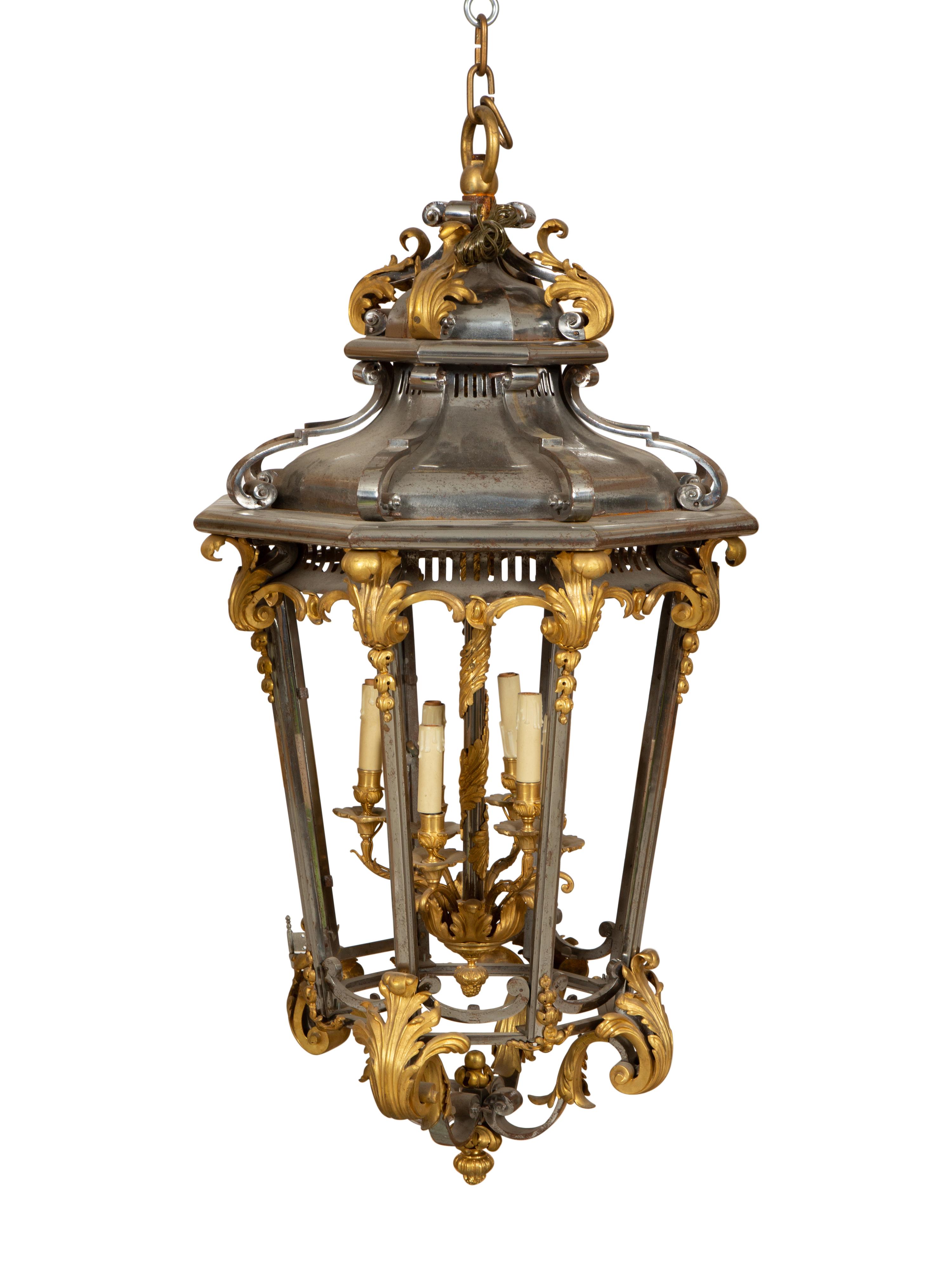 A French Gilt and Silvered-Metal Octagonal Six-Light Lantern