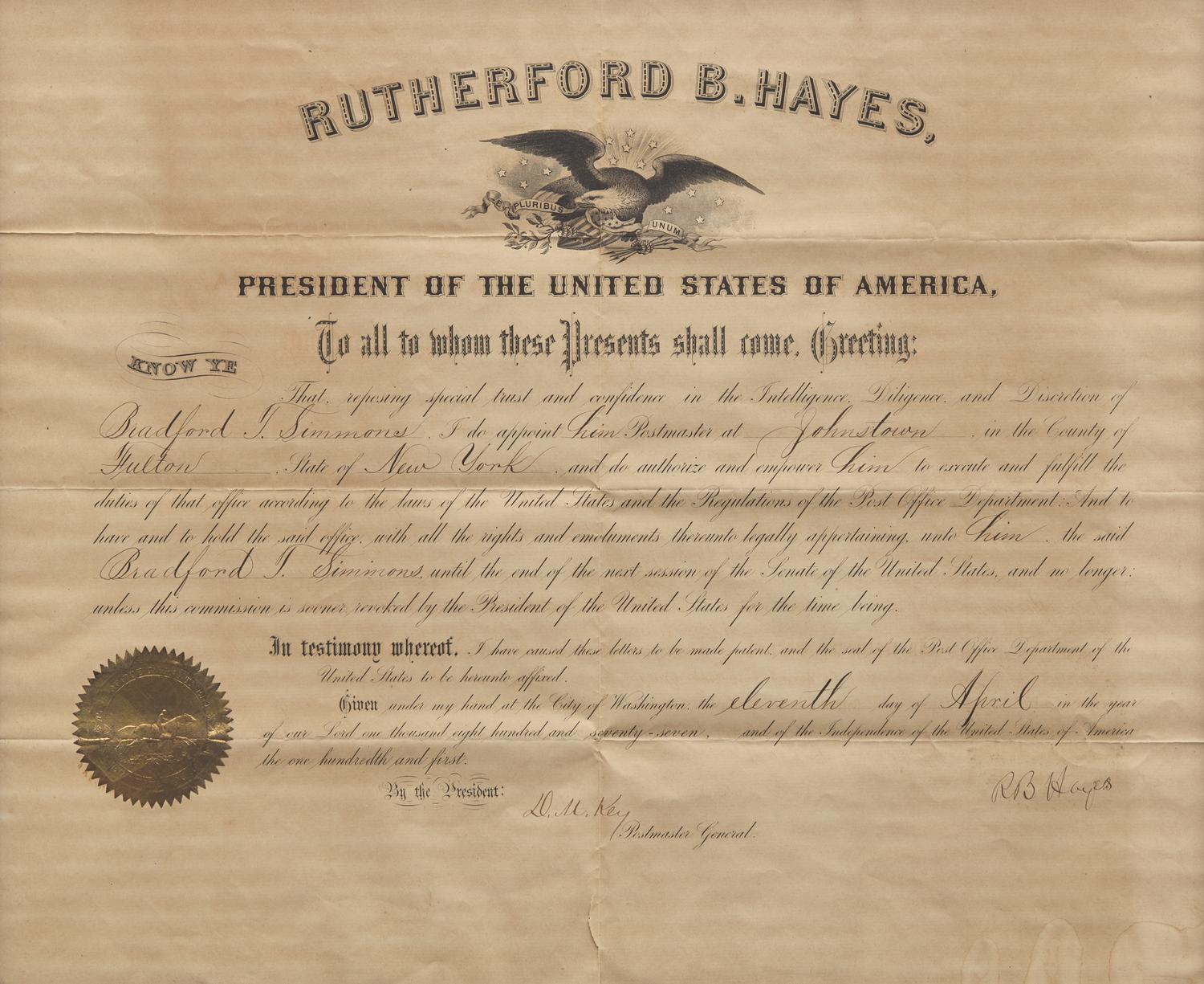 [Presidential] Hayes, Rutherford B. Partially-Printed Document, signed