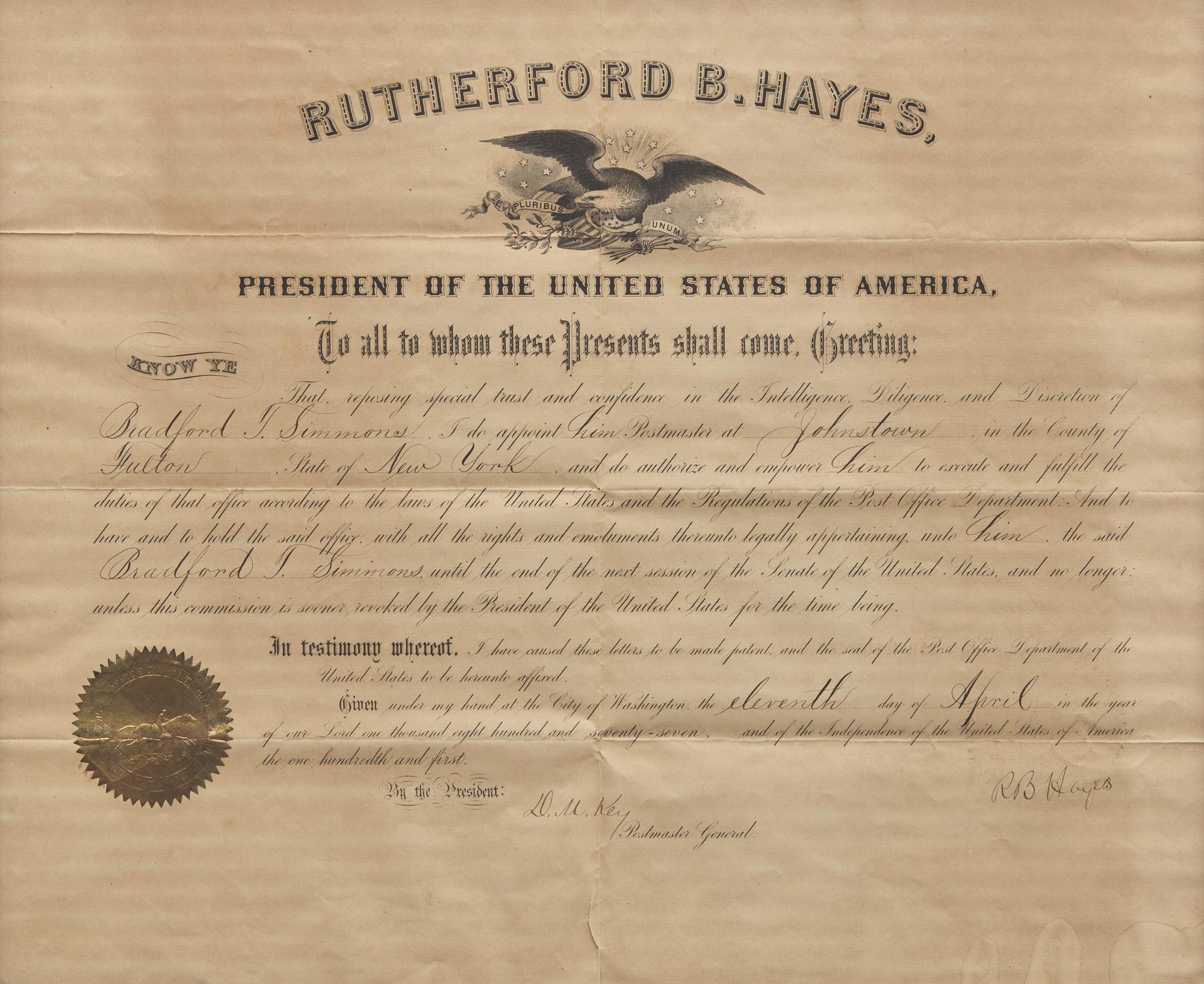 [Presidential] Hayes, Rutherford B. Partially-Printed Document, signed