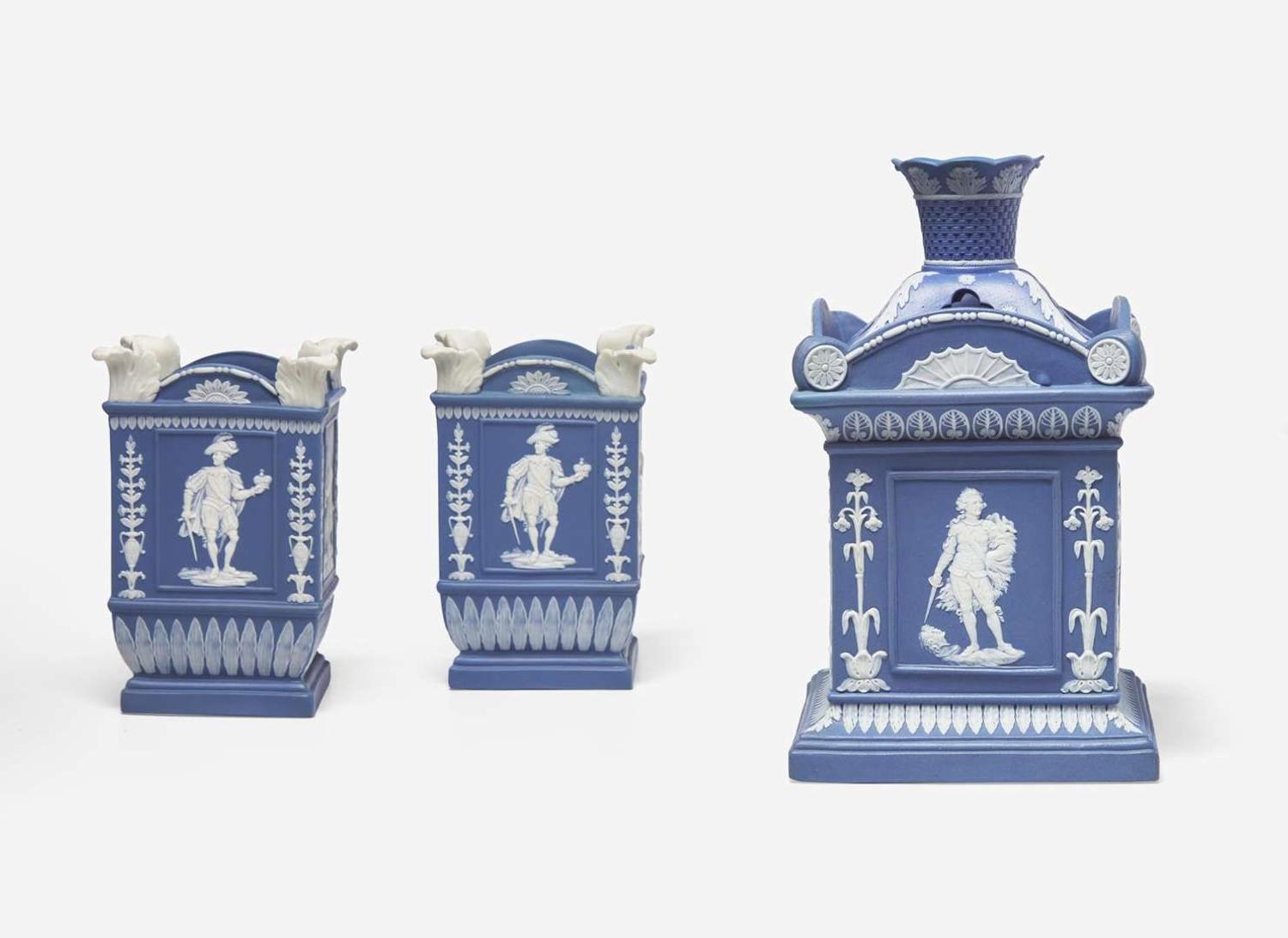 A Neale & Co. Blue Jasperware Three-Piece Garniture, UK, 1780s