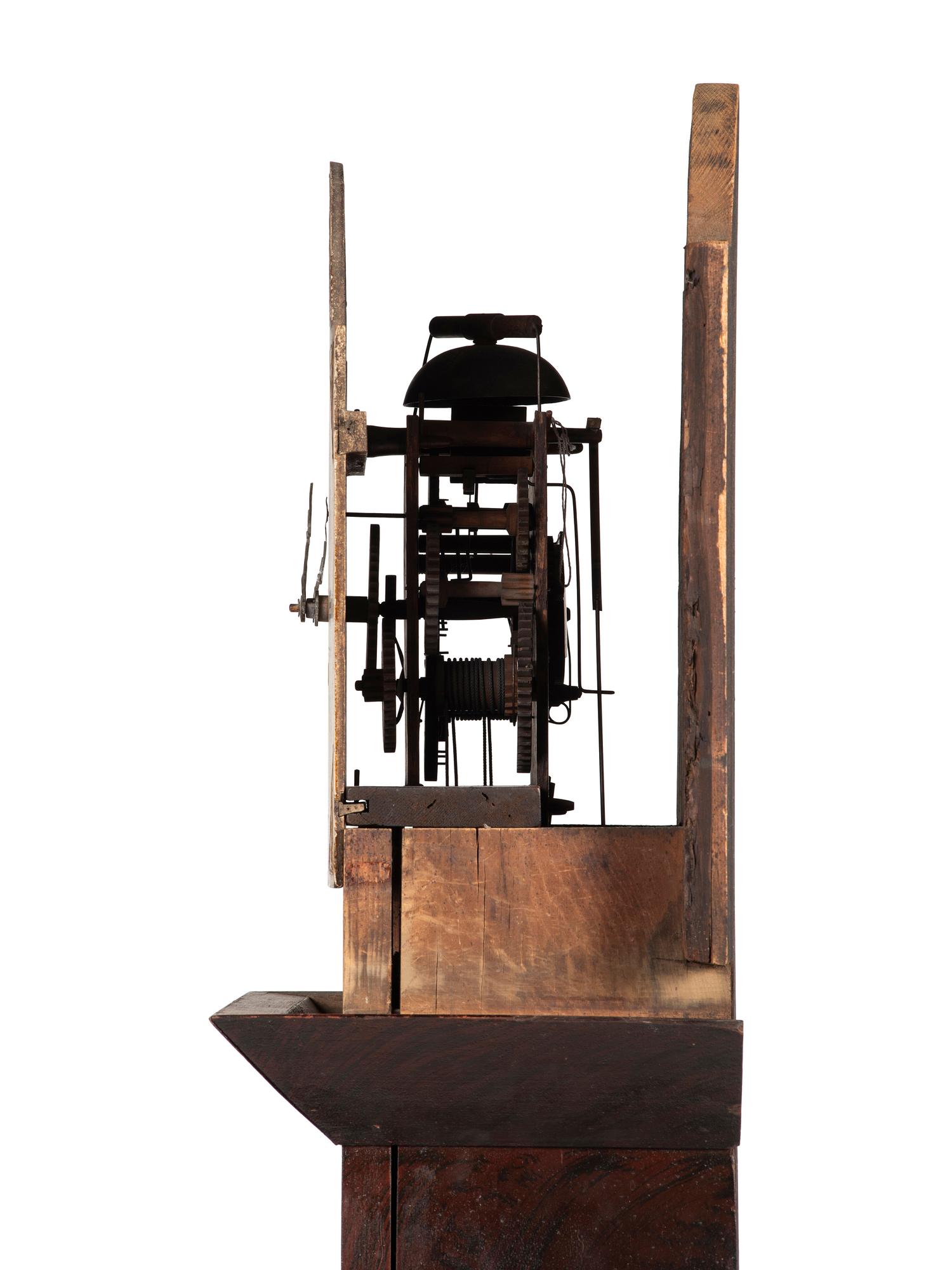 A Federal Carved and Grain Painted Pine Wooden Works Tall Case Clock