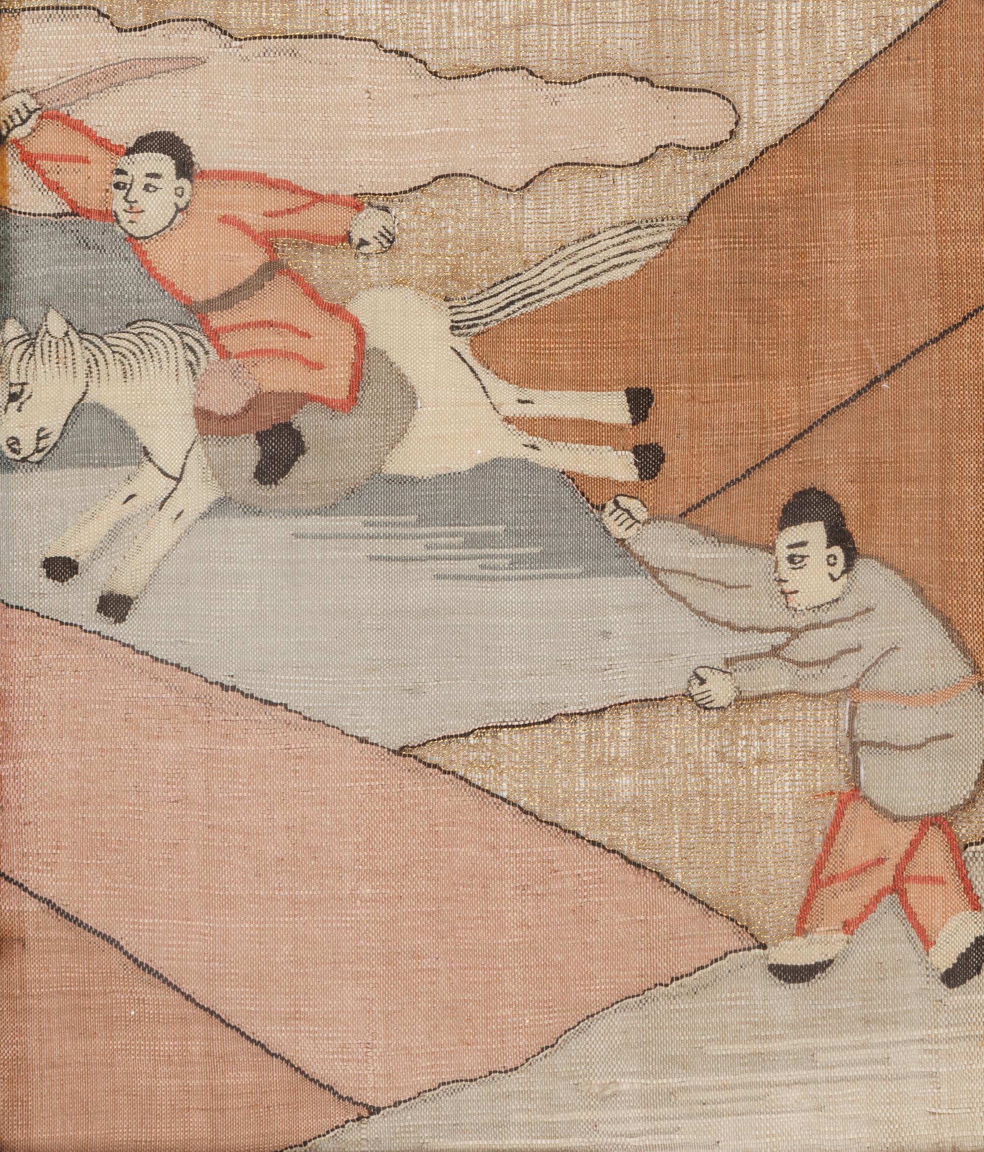 Eight Chinese Cream Ground Kesi Woven Silk Panels