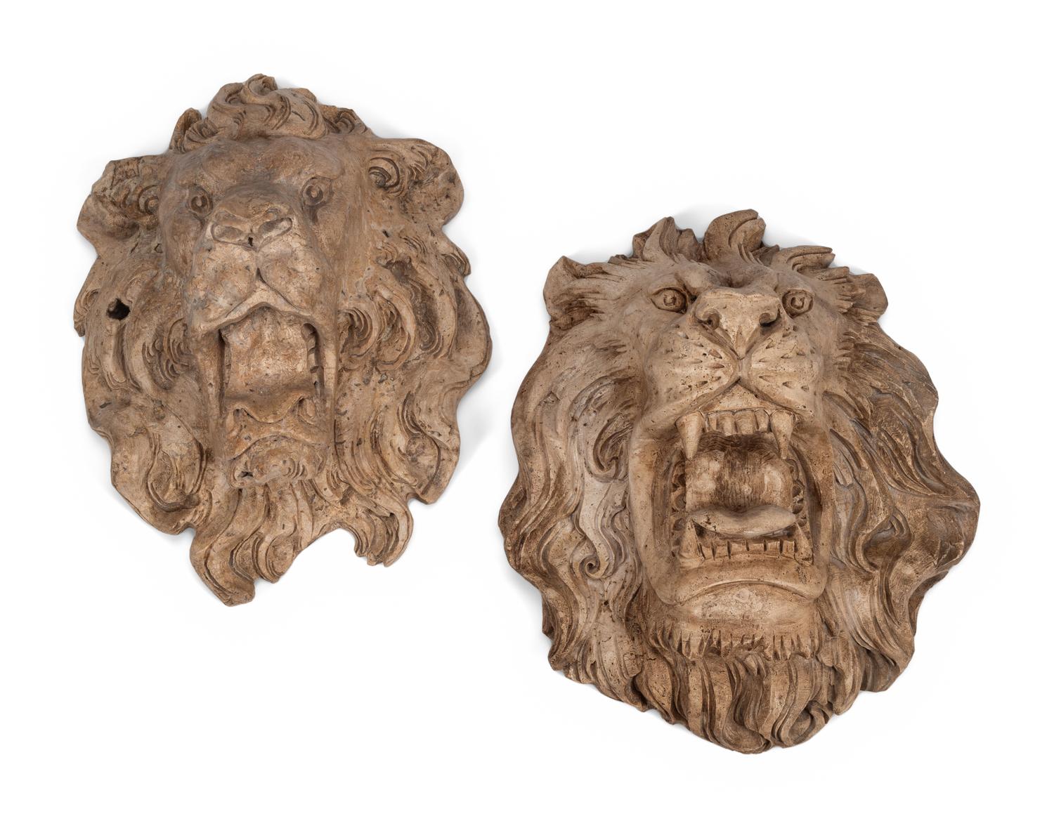 Two Italian Carved Stone Lion Fountain Masks
