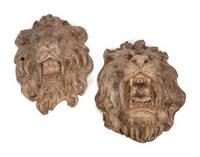 Two Italian Carved Stone Lion Fountain Masks