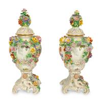 A Pair of Dresden Porcelain Floral Encrusted Urns — 20TH CENTURY