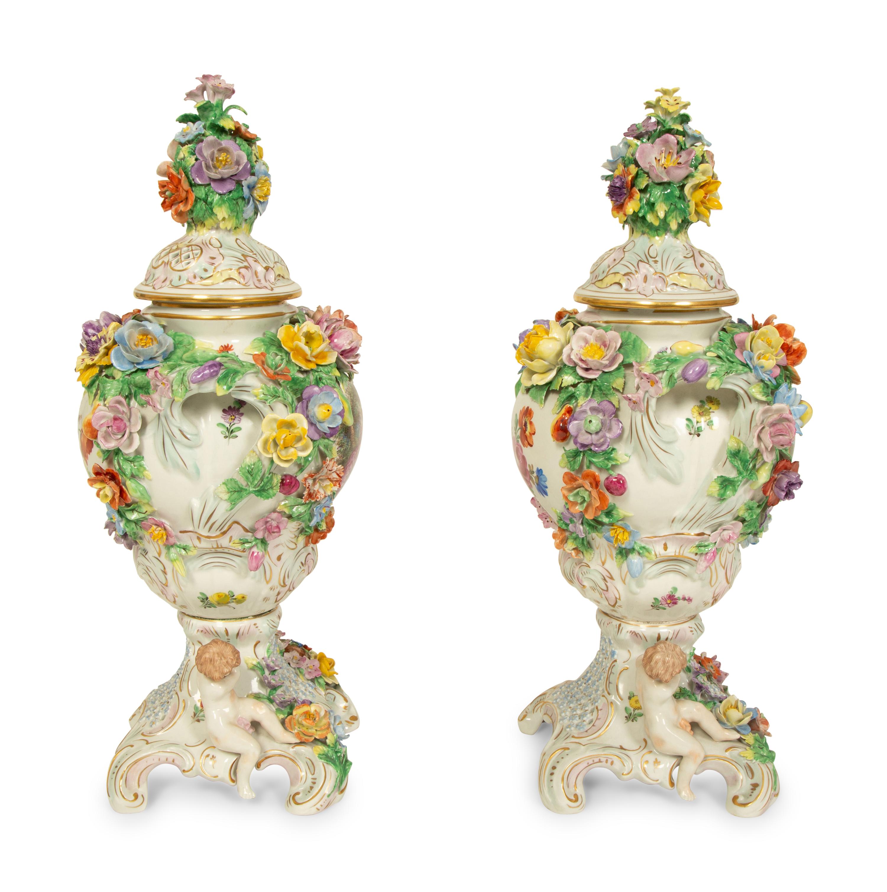 A Pair of Dresden Porcelain Floral Encrusted Urns — 20TH CENTURY