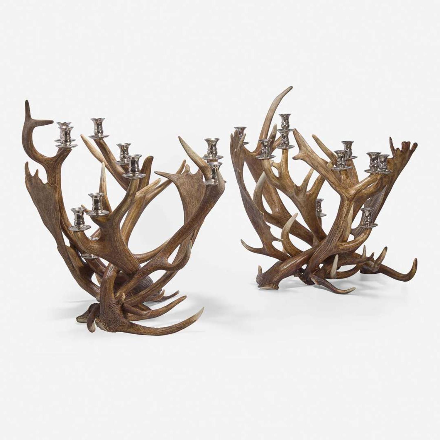 A Pair of Large Metal-Mounted Antler Candelabra