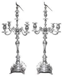 A Pair of Austrian Silver Five-Light Candelabra, Maker's Mark S (pellet) H, Vienna, Late 19th/Early 20th Century, having a central urn