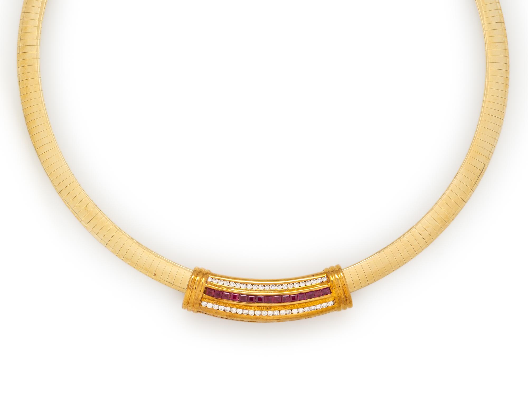 RUBY AND DIAMOND SLIDE PENDANT WITH YELLOW GOLD OMEGA CHAIN