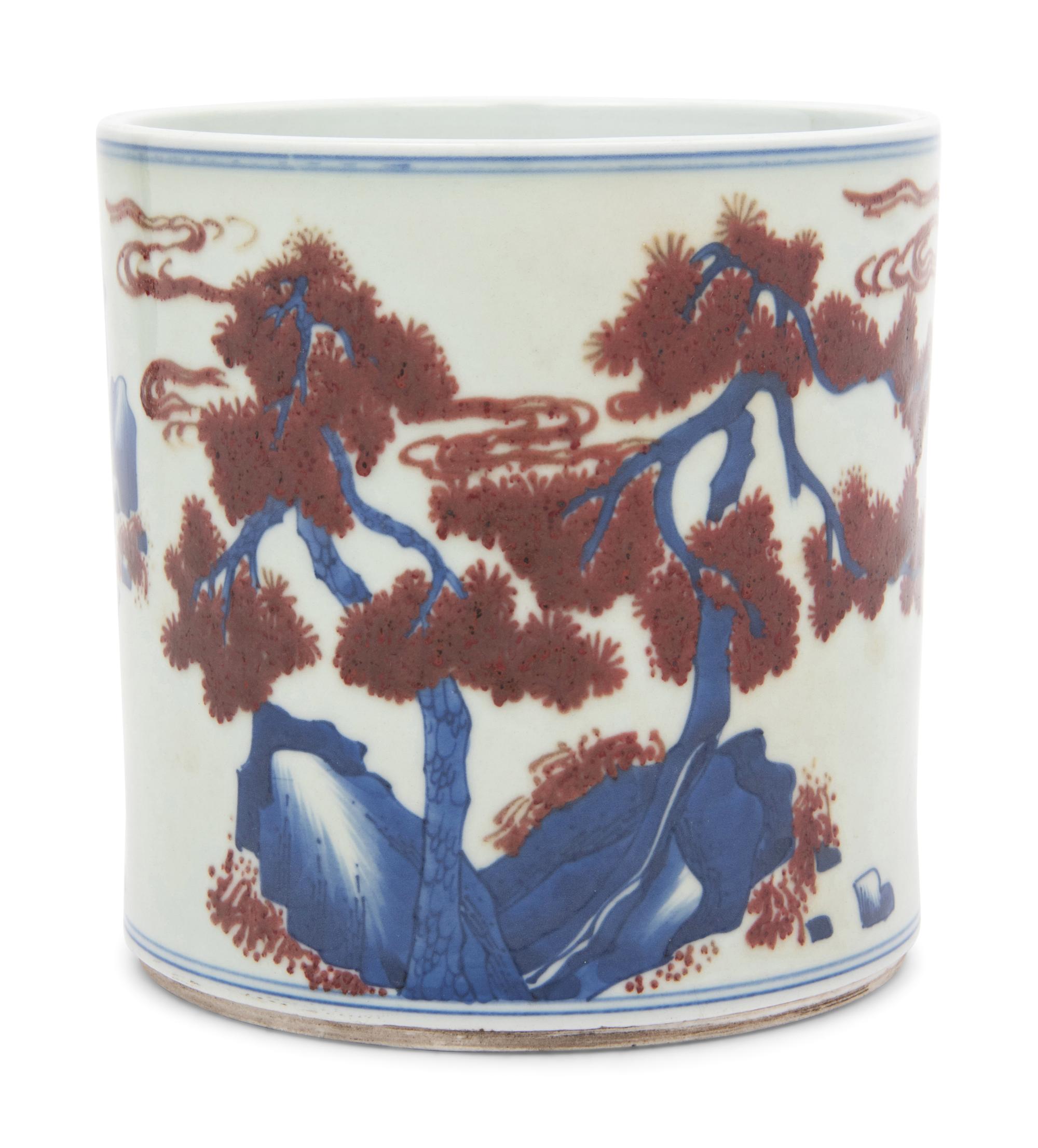 Two Chinese Underglaze Blue and Copper Red Porcelain Brushpots, Bitong