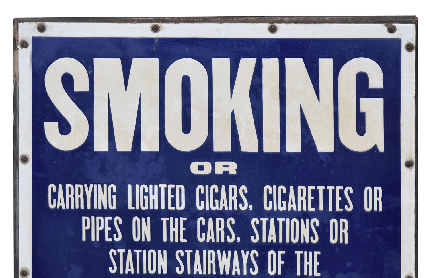 A New York City Subway Porcelain No Smoking Sign 21.5" W x .75" D x 28" H — United States, Early 20th Century