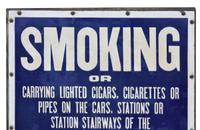 A New York City Subway Porcelain No Smoking Sign 21.5" W x .75" D x 28" H — United States, Early 20th Century