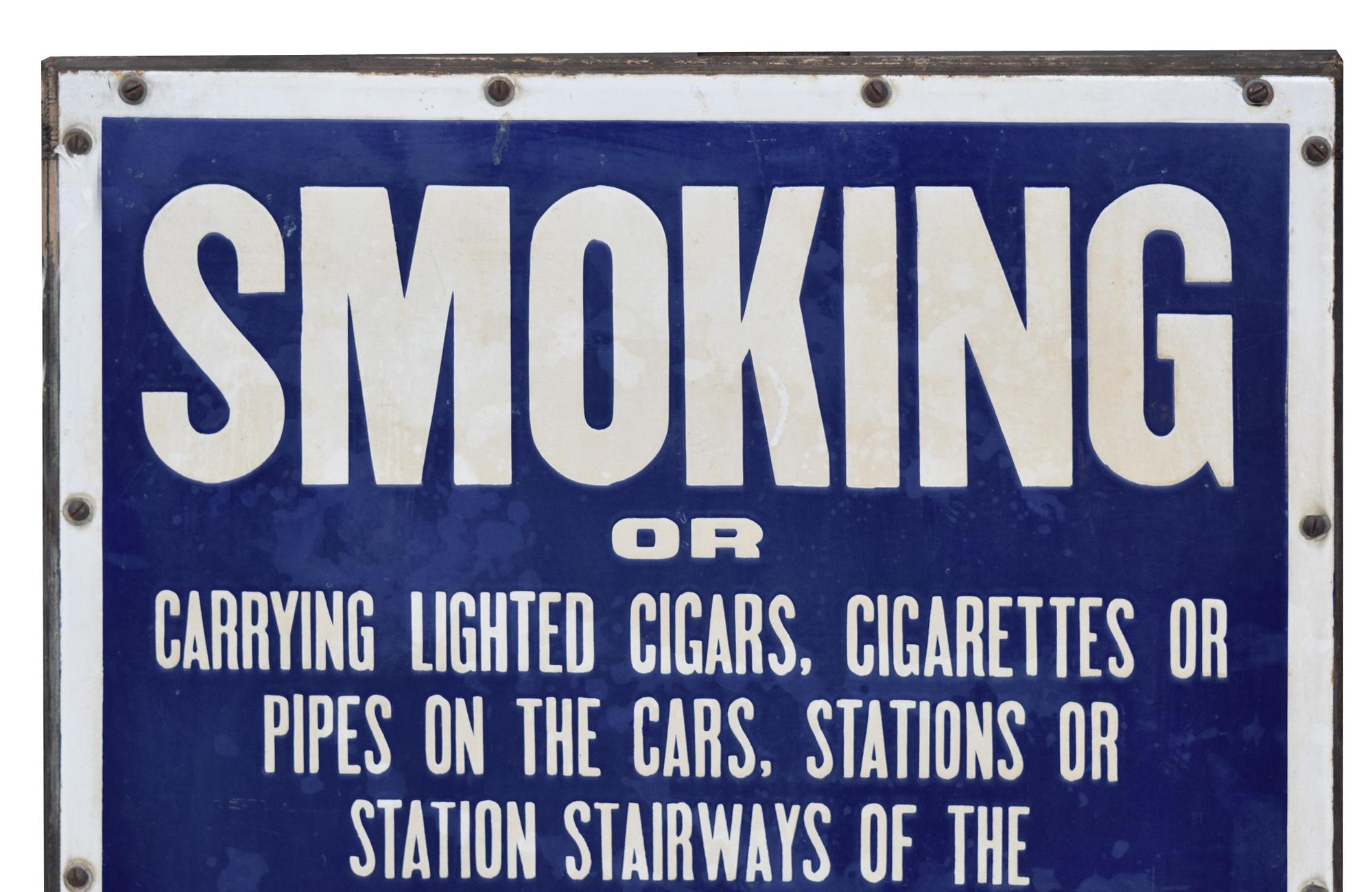A New York City Subway Porcelain No Smoking Sign 21.5" W x .75" D x 28" H — United States, Early 20th Century