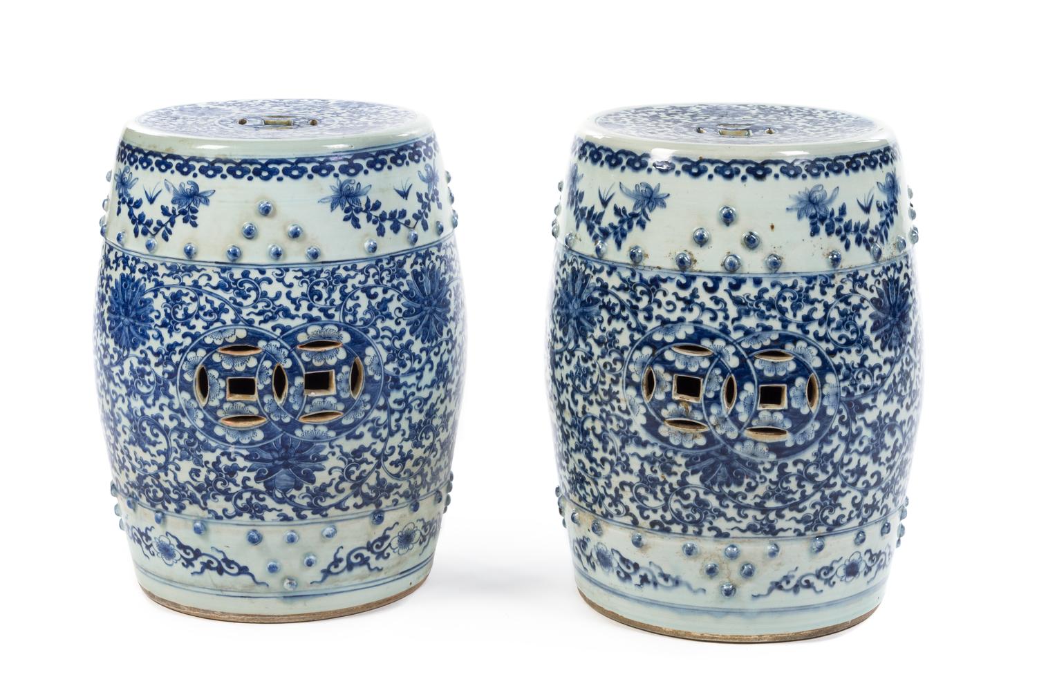 A Pair of Chinese Blue and White Glazed Garden Seats 18TH/19TH CENTURY Height 18 inches. — 18TH/19TH CENTURY