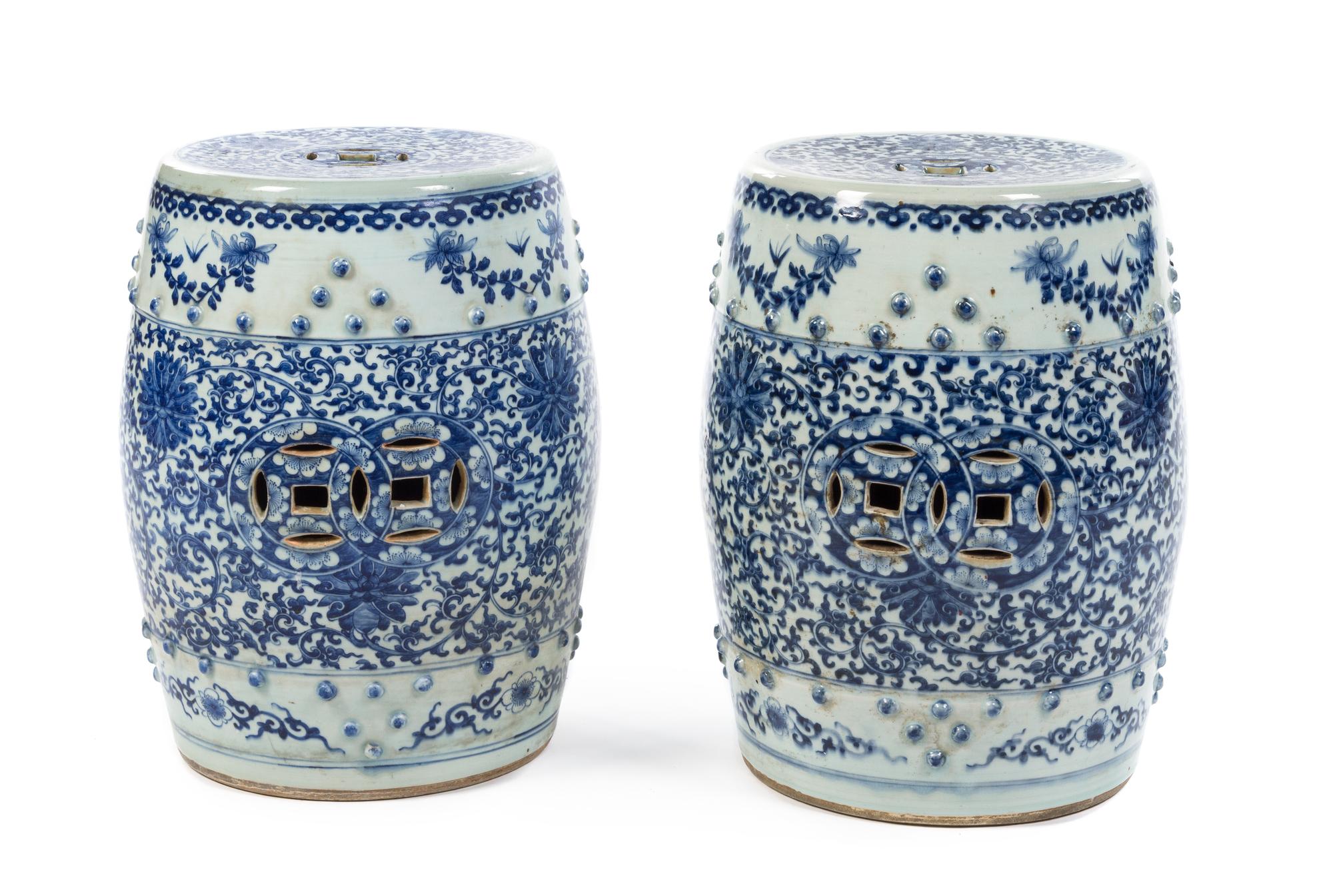 A Pair of Chinese Blue and White Glazed Garden Seats 18TH/19TH CENTURY Height 18 inches. — 18TH/19TH CENTURY