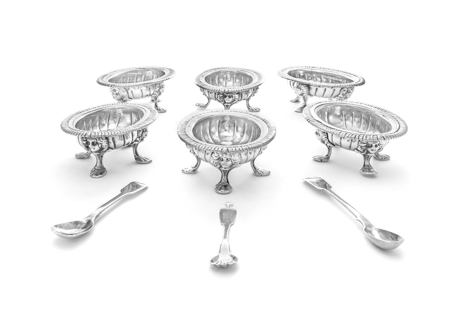 A Set of Six Irish George II Silver Salts, Thomas Walker, Dublin, First-Half 18th Century, each having a gadrooned rim, the body worked