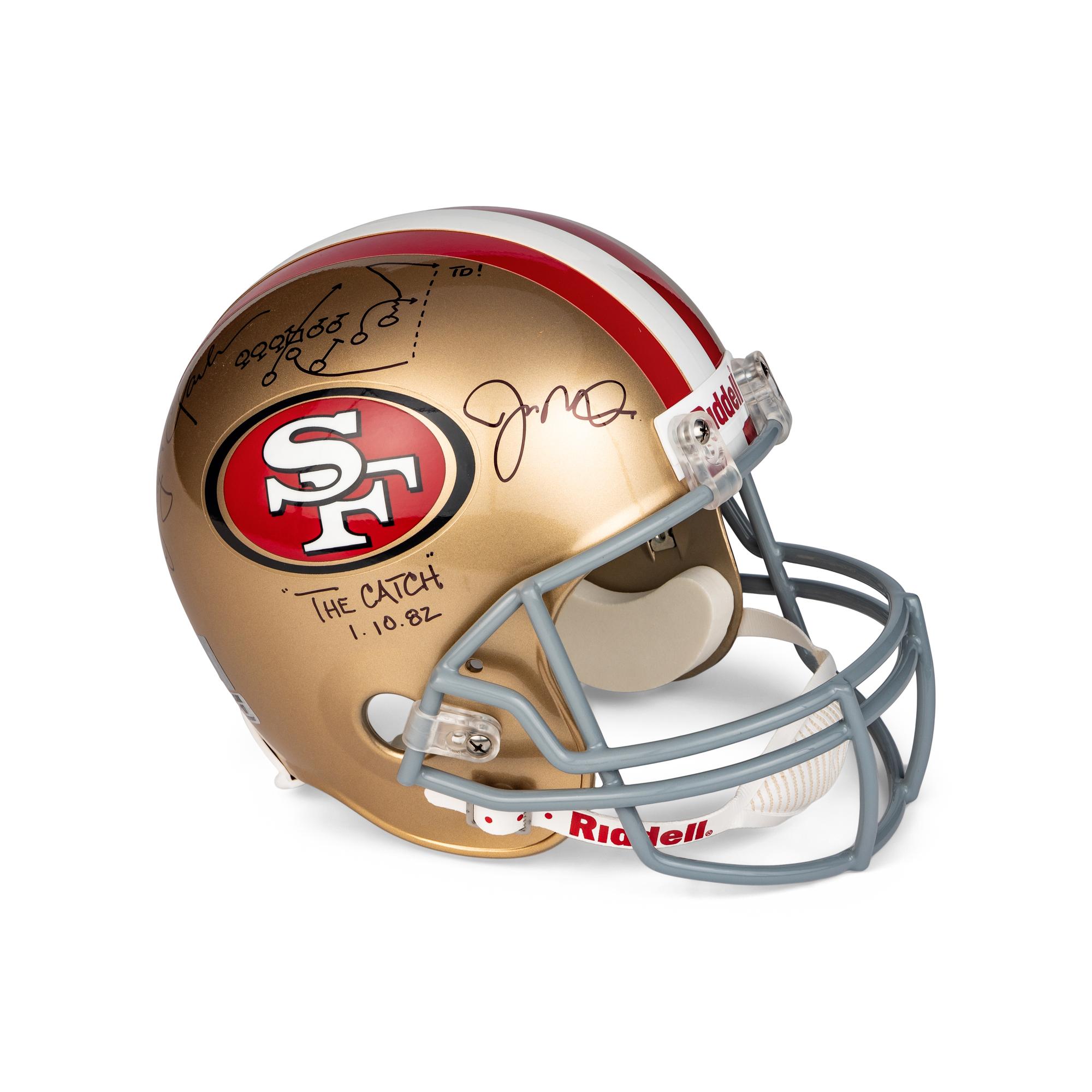 A Joe Montana and Dwight Clark Dual Signed Autograph San Francisco 49ers Full Size Helmet — With "The Catch" Diagram Drawn by Clark