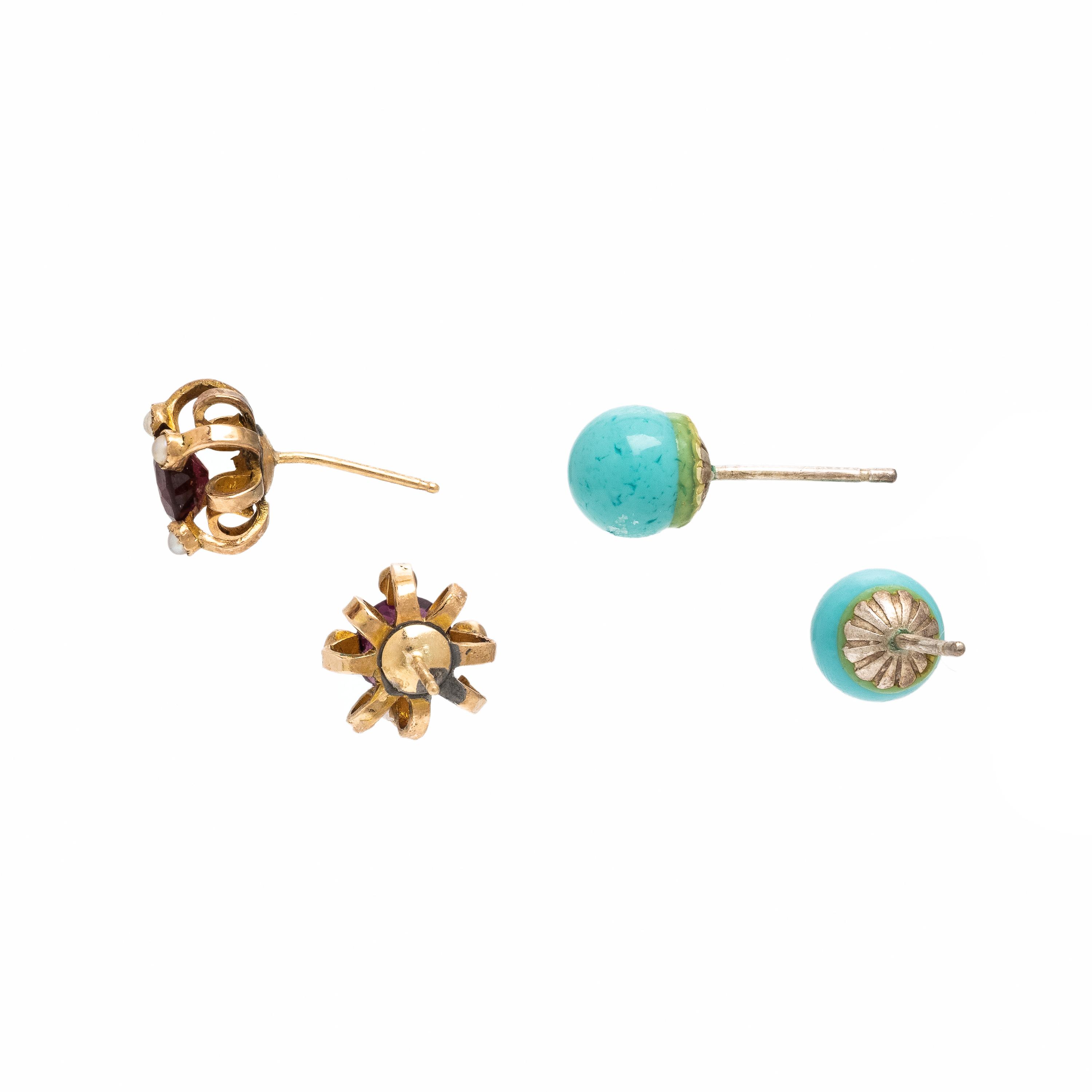 Yellow Gold, Garnet, and Seed Pearl Stud Earrings and Turquoise Earrings