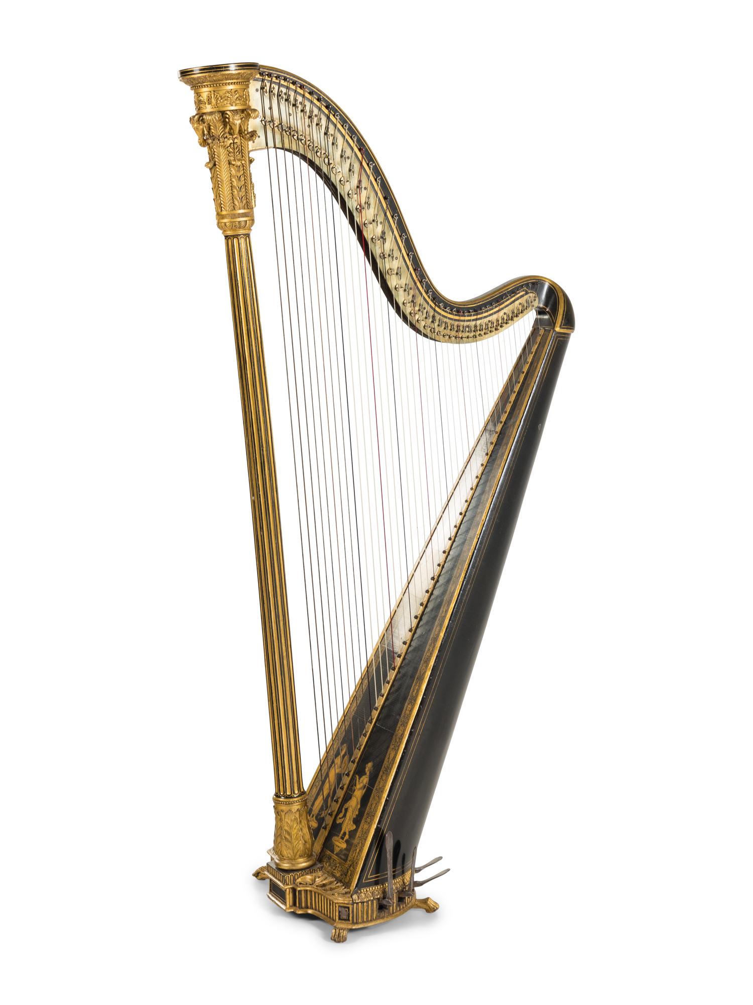 A Regency Brass Mounted, Stencil Decorated, Parcel Gilt and Ebonized Harp