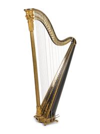 A Regency Brass Mounted, Stencil Decorated, Parcel Gilt and Ebonized Harp