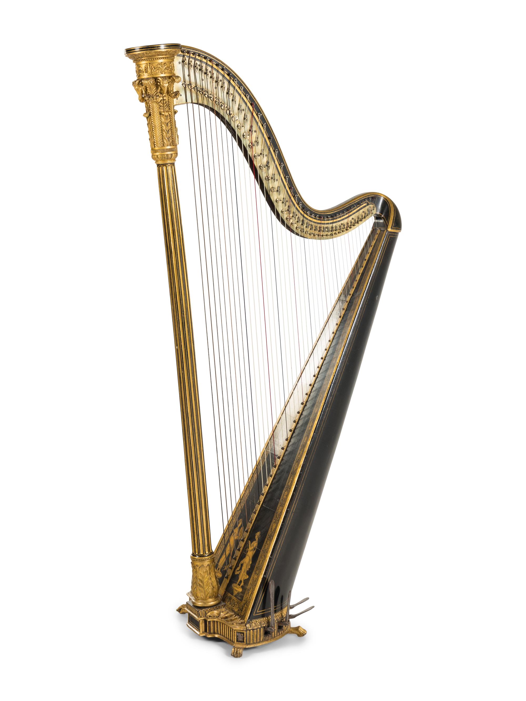 A Regency Brass Mounted, Stencil Decorated, Parcel Gilt and Ebonized Harp
