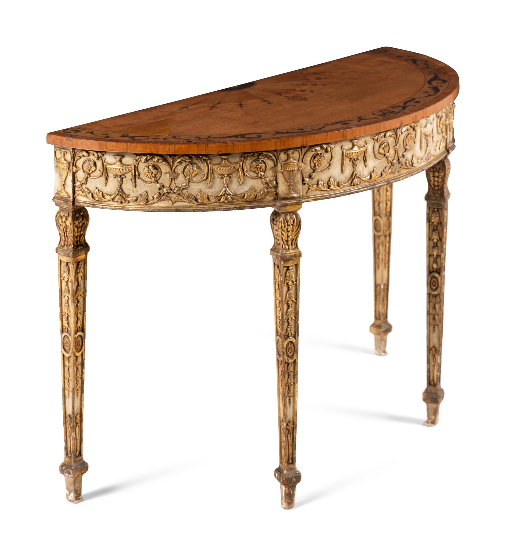 A Pair of George III Style Satinwood, Marquetry, Painted, and Parcel Gilt Demilune Console Tables