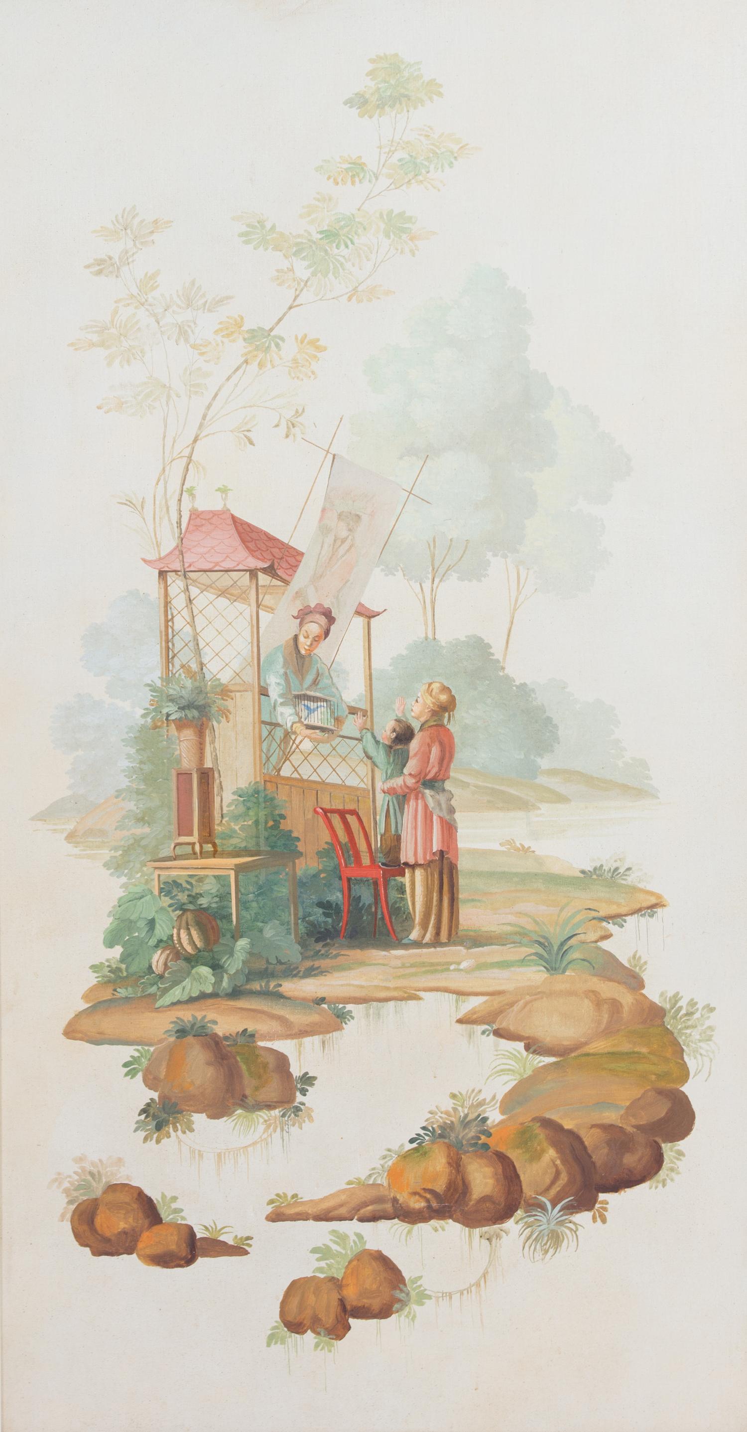 A Pair of Chinoiserie Decorative Oil on Canvas Panels Height 68 x width 38 1/2 inches. — 20TH CENTURY