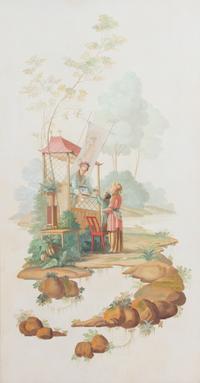 A Pair of Chinoiserie Decorative Oil on Canvas Panels Height 68 x width 38 1/2 inches. — 20TH CENTURY