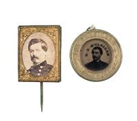 [POLITICS]. A group of 2 campaign items promoting George McClellan, incl. stick pin and McClellan and Pendleton back-to-back ferrotype badge. 1864.