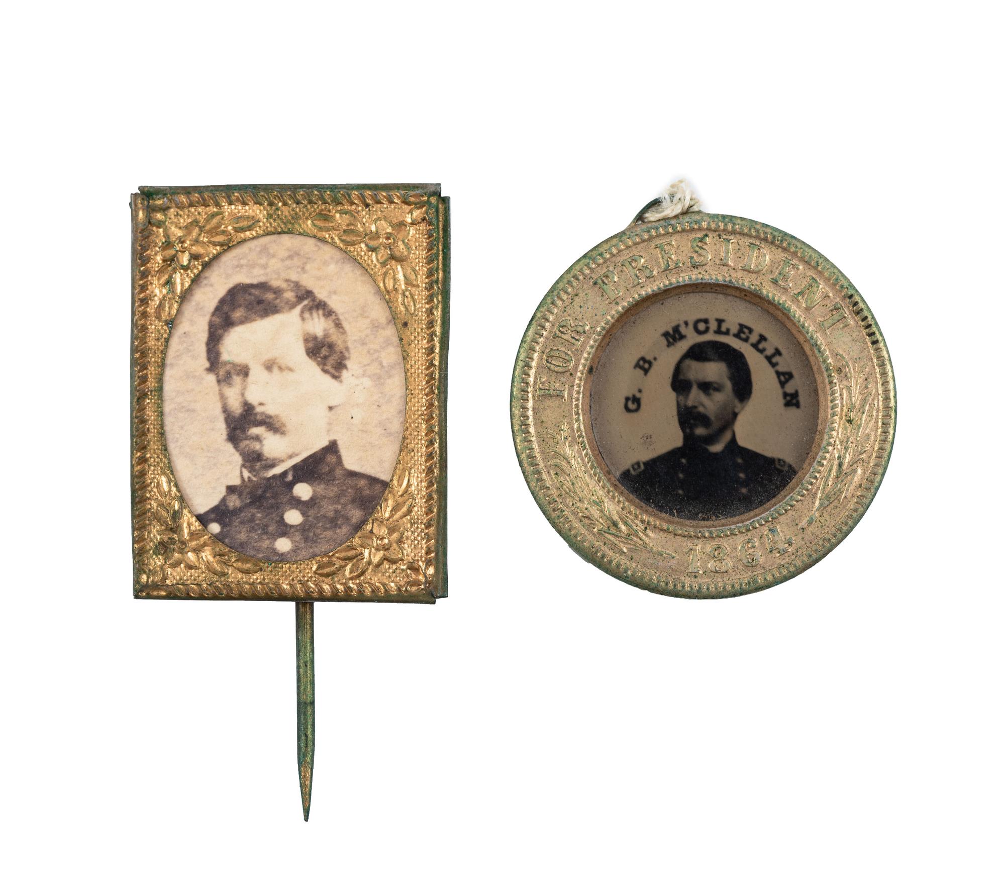 [POLITICS]. A group of 2 campaign items promoting George McClellan, incl. stick pin and McClellan and Pendleton back-to-back ferrotype badge. 1864.