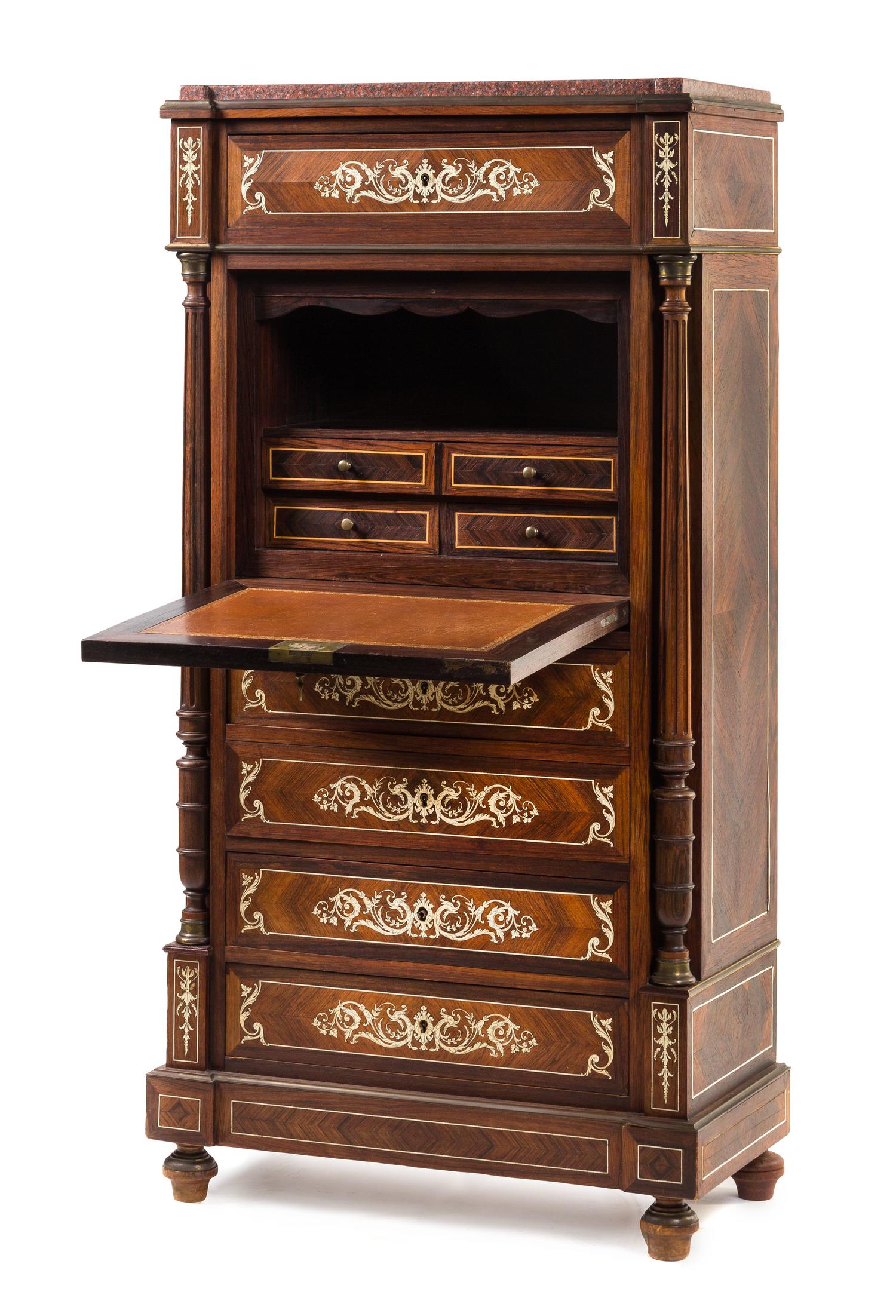 A Continental Marquetry Secretaire a Abattant Height 56 x width 28 x depth 14 3/4 inches. — 19TH CENTURY