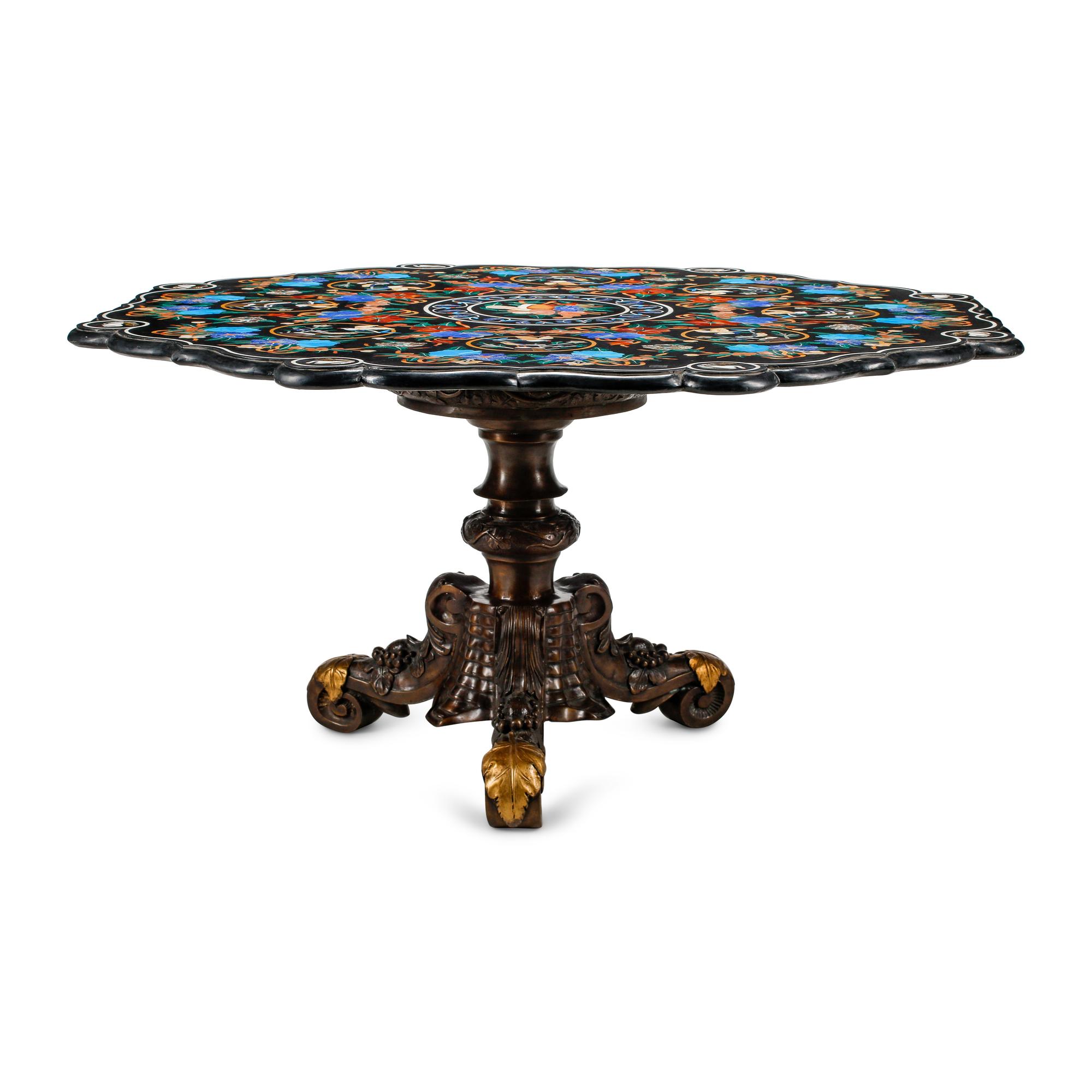 A Large Italian Pietra Dura Table Top on a Bronze Base