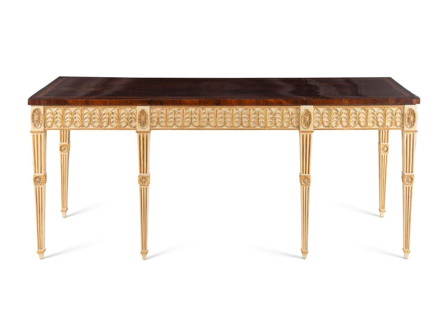 A George III Mahogany, Tulipwood, Cream-Painted and Parcel-Gilt Side Table