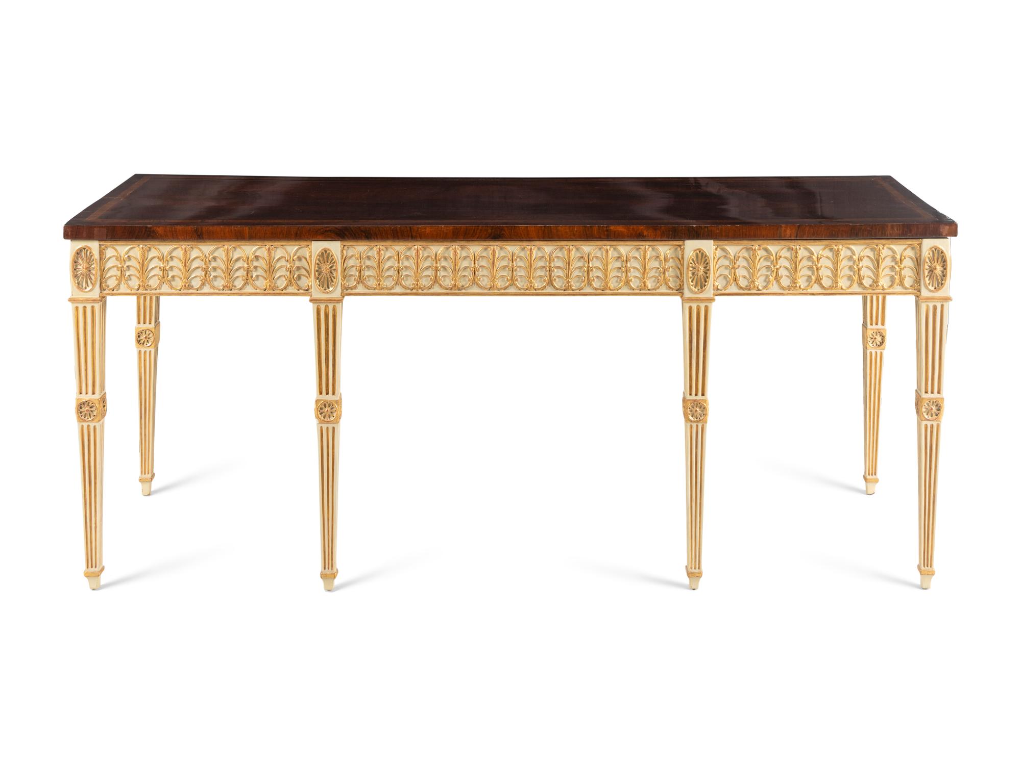 A George III Mahogany, Tulipwood, Cream-Painted and Parcel-Gilt Side Table
