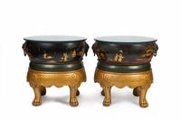 A Pair of English Lacquered and Chinoiserie Decorated Wine Cisterns on Giltwood Bases