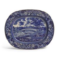 A Group of Staffordshire Historical Blue Upper Ferry Bridge Over the River Schuylkill River Transferware, Joseph Stubbs, Burslem, 1790-1829