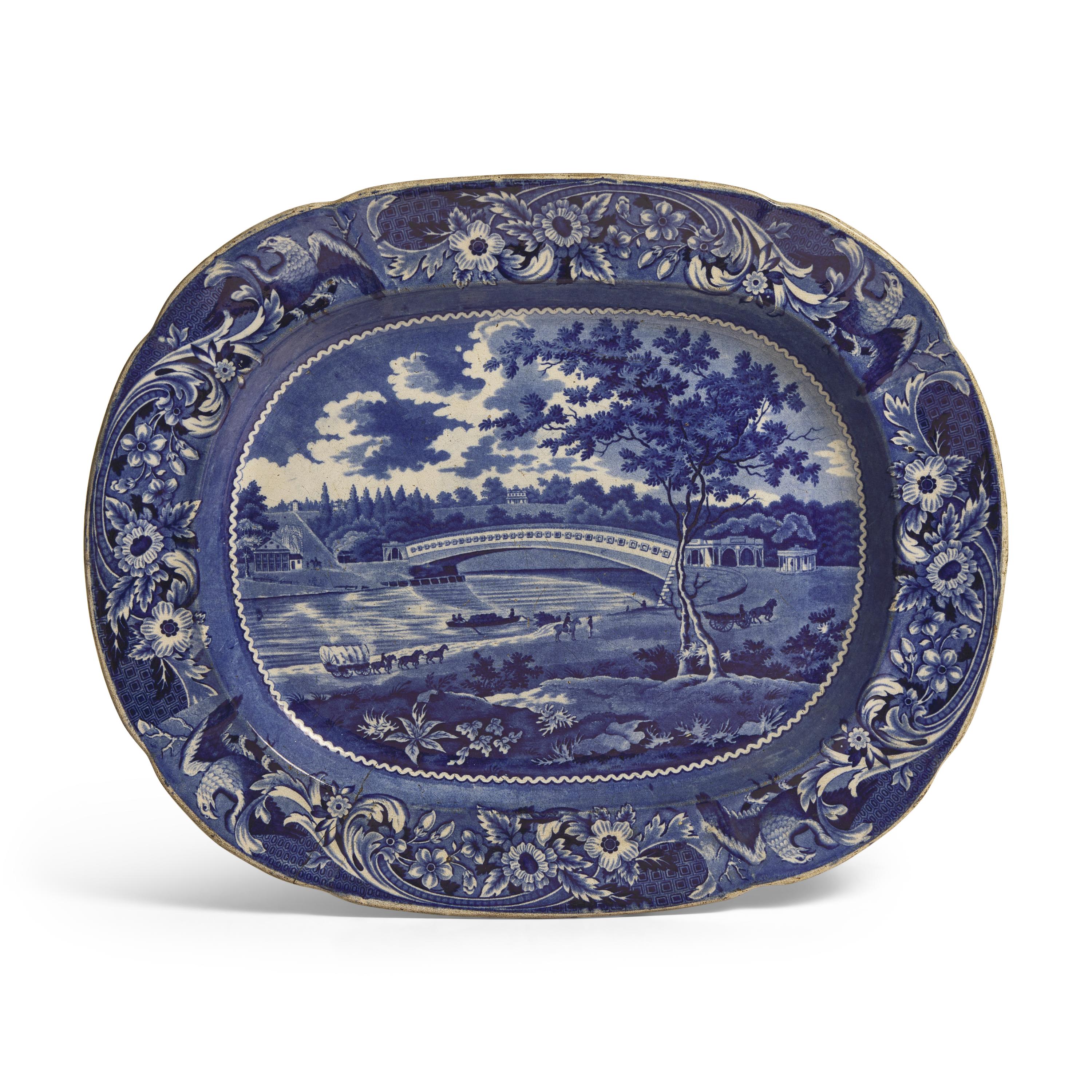 A Group of Staffordshire Historical Blue Upper Ferry Bridge Over the River Schuylkill River Transferware, Joseph Stubbs, Burslem, 1790-1829