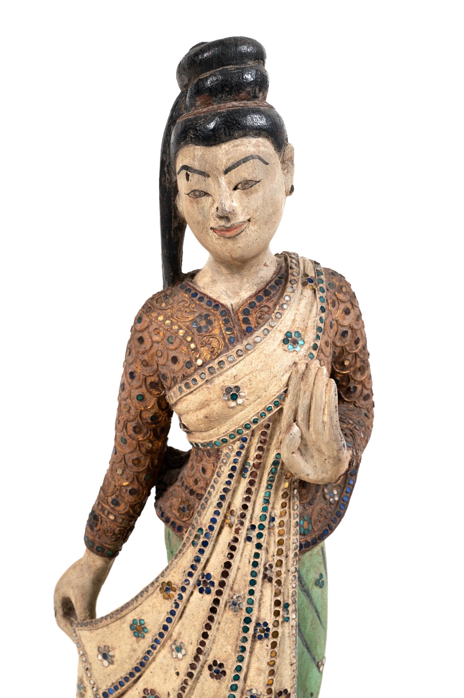 A Chinese Mica-Inset Carved and Polychrome Decorated Wood Standing Female Deity