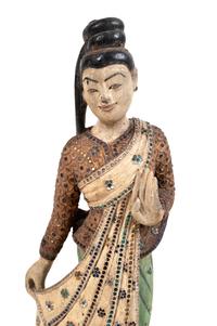 A Chinese Mica-Inset Carved and Polychrome Decorated Wood Standing Female Deity