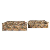 A Pair of Printed Cotton Upholstered Three-Cushion Sofas
