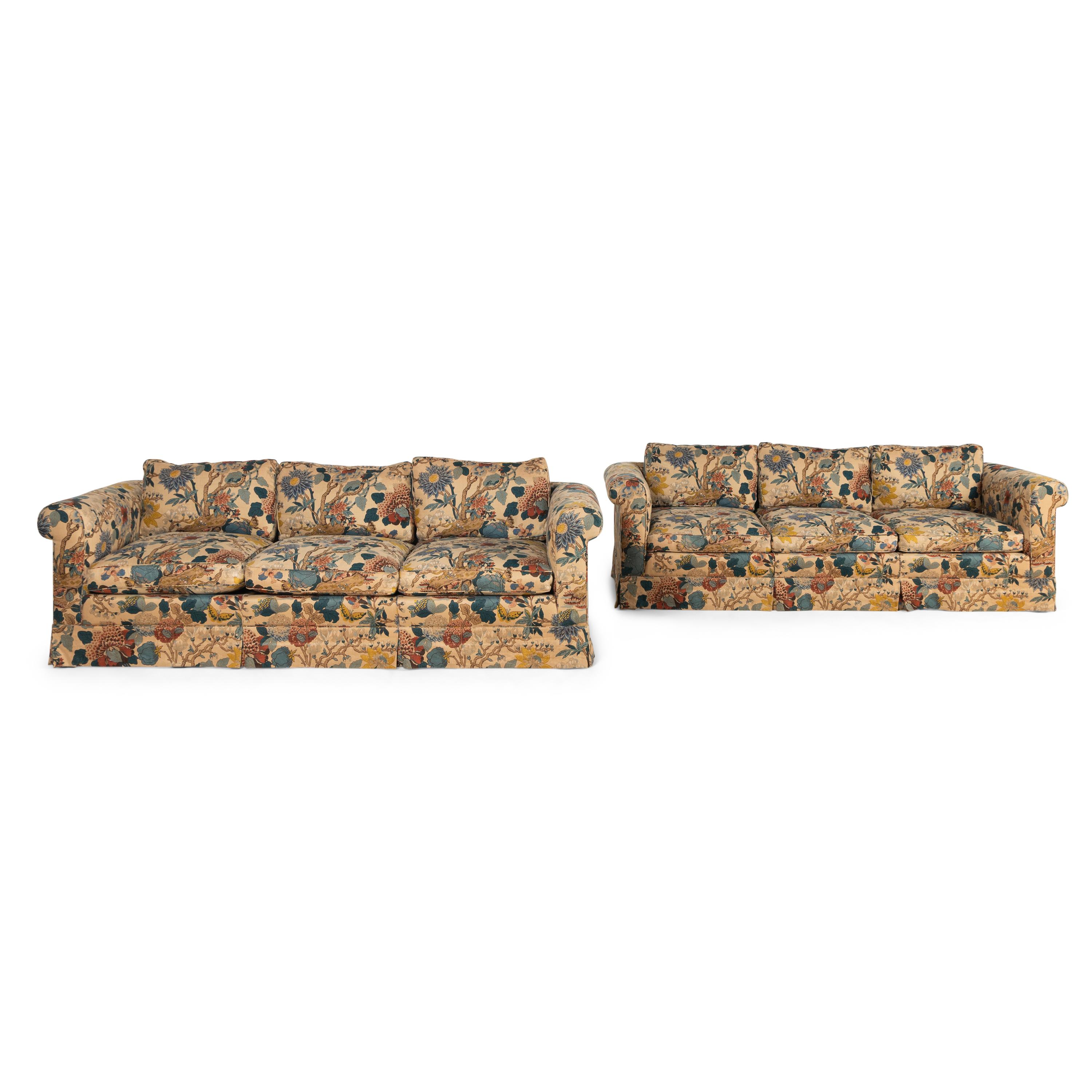 A Pair of Printed Cotton Upholstered Three-Cushion Sofas